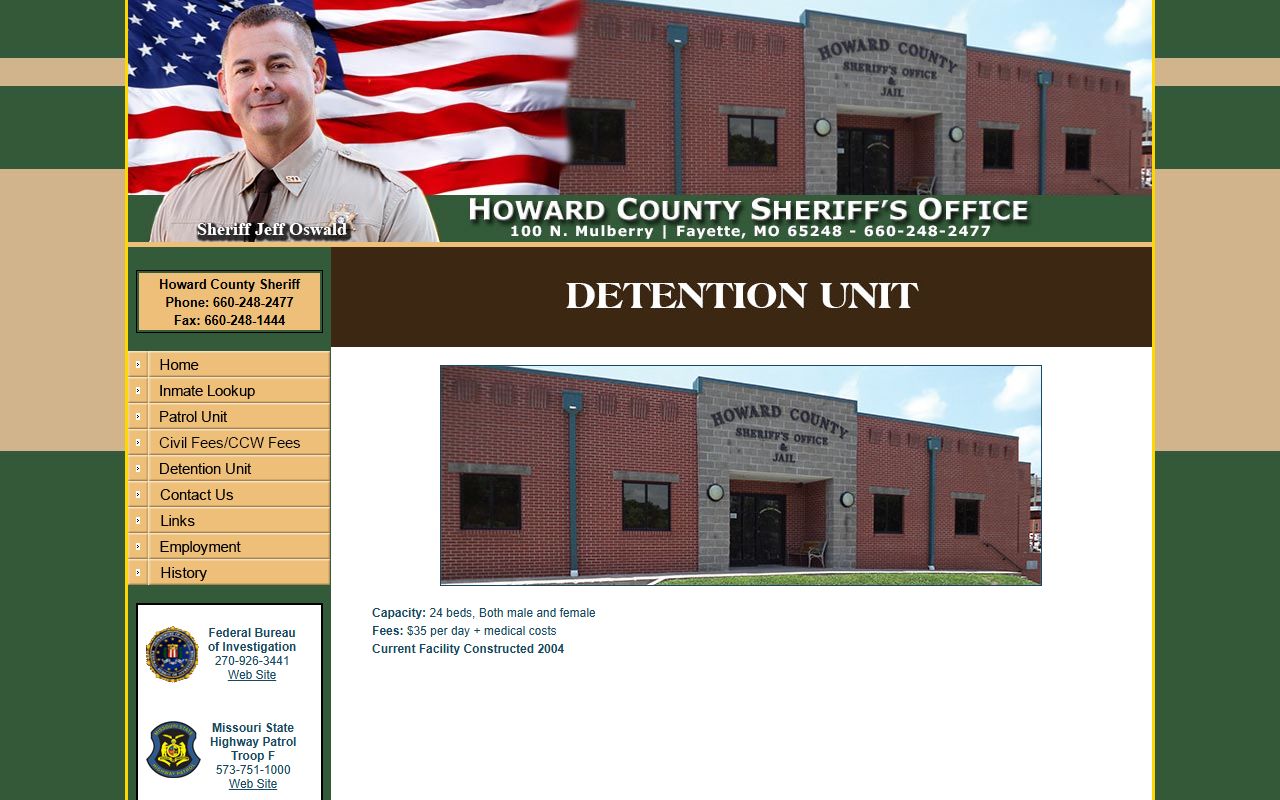 Howard County Jail detention unit capacity and inmate population source